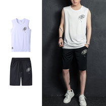 Sports vest mens loose summer sleeveless t-shirt tide brand waistband trend mens ice silk fitness suit basketball suit