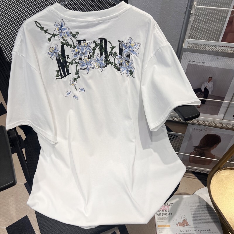 Vine Flower Letter Embroidery Short-Sleeve T-Shirt for Men and Women, Summer Design, European and American Style, National Trend Brand, Pure Cotton Half-Sleeve Top
