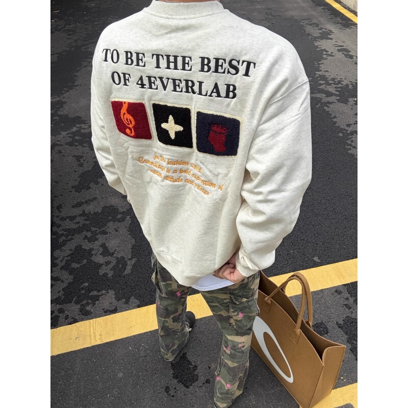 American-Style High Street Towel Embroidery Sweatshirt for Men and Women, Spring, Autumn, and Winter Thin Style, Fleece-Lined and Thickened, Inner Layer Long-Sleeve Top, Trendy