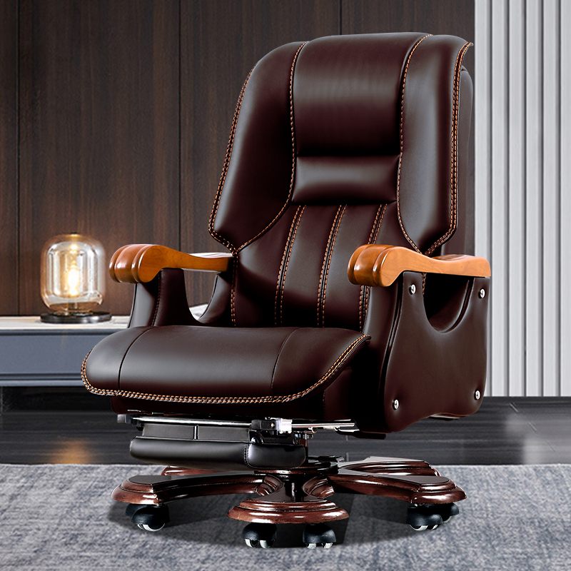 Business Leather Boss Chair, Executive Chair, Reclining Solid Wood Leadership Office Chair, Cowhide Computer Chair, Chinese Massage Office Chair