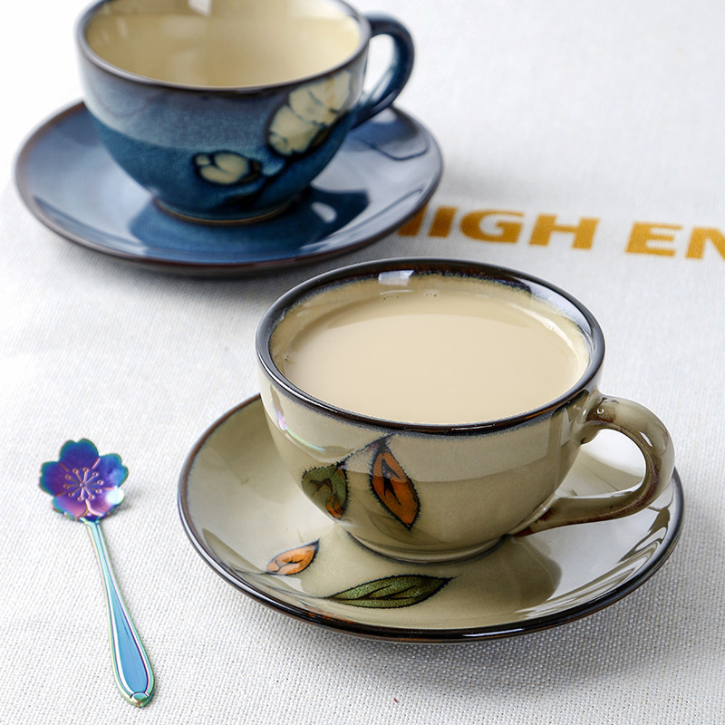 Retro Kiln-Turned Ceramic Coffee Cup and Saucer Set, Hand-Painted Pastoral Style Breakfast Cup, Couple Cup, Latte Art Cup Retro Kiln-Turned Ceramic Coffee Cup and Saucer Set, Hand-Painted Pastoral Style Breakfast Cup, Couple Cup, Latte Art Cup