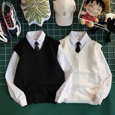 Korean ins trend solid color V-neck sweater vest Men's spring college style couple sleeveless sweater vest Hong Kong style