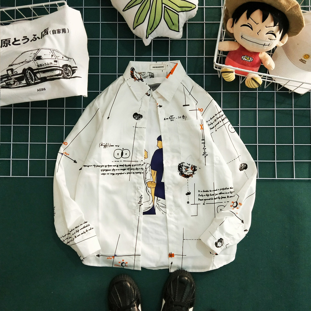 South Korea’s ulzzang long-sleeved shirt male harbor wind retro chic port loose printed shirt lightly in coat