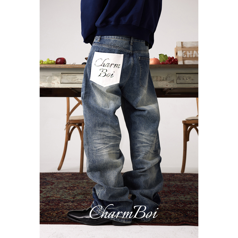 Charmboi Leather Texture Patchwork Snowflake Blue Line Selvedge Washed Distressed Straight A-Line Jeans Charmboi Leather Texture Patchwork Snowflake Blue Line Selvedge Washed Distressed Straight A-Line Jeans