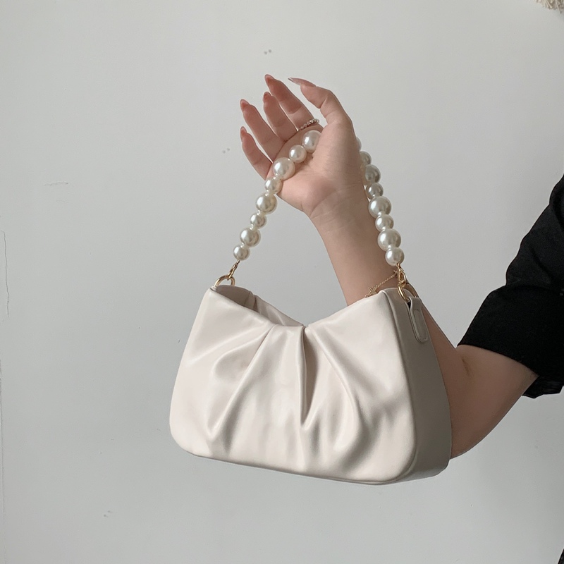 2025 New Niche High-End Cloud Pleated Pearl Chain Single Shoulder Versatile Crossbody Handbag Underarm Bag for Women