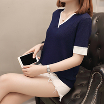 Large size womens summer soft knit shirt T-shirt female fat sister Ice Silk collage short sleeve plus fat top