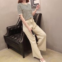 Big Code Women Dress Spring Summer Ice Silk Knit Suit Microfat Mm Fashion Display Slim Sweater Short Sleeve Broadlegged Pants Two-piece Set