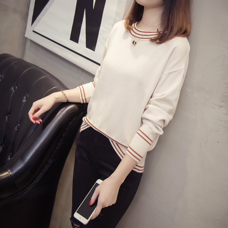 Mùa thu 2018 mới của phụ nữ Hàn Quốc vòng cổ sọc eo thiết lập áo len dài tay thường xuyên - Áo / áo thun áo phông rộng
