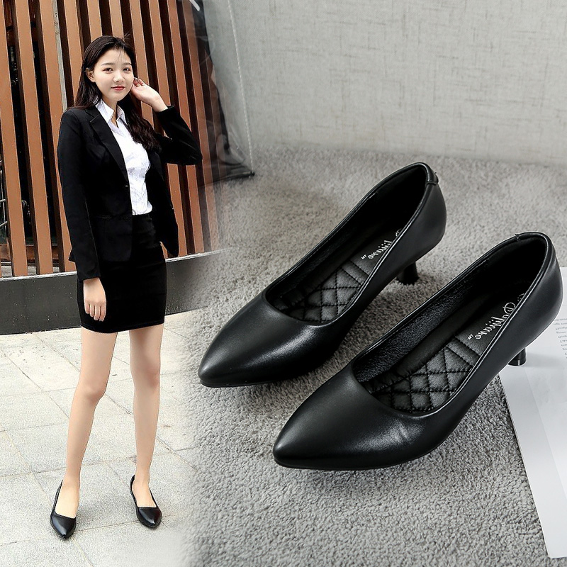 Pointy black midway to work Single shoe Career flight attendant Soft bottom leather shoes Fine heel coarse heel workout high heel Shoe woman