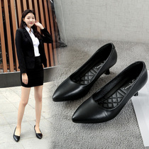 Pointed black mid-to-high class shoes Professional stewardess soft-soled shoes fine-heeled thick-heeled work dress high heels for women