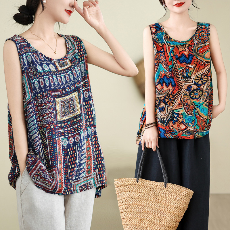 Summer Cotton Silk Vacation Travel Beach Round Neck Sleeveless Vest Sleeveless Plus Size Women's Clothing Mother's Clothing Printed Base Shirt