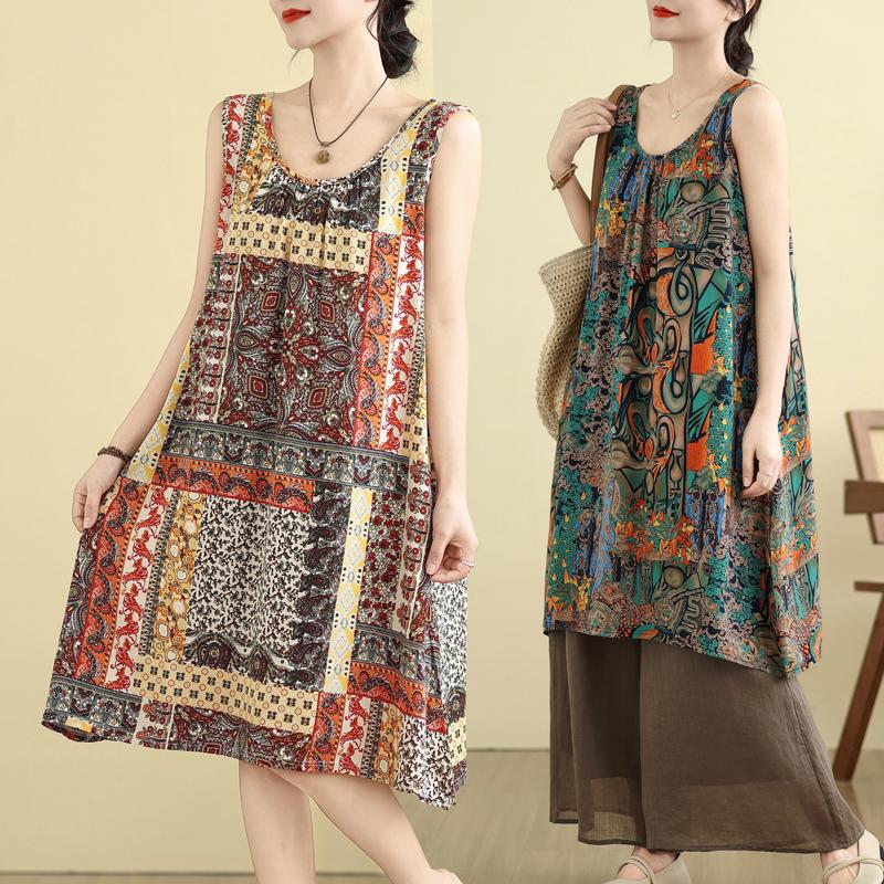 Plus Size Women's Clothing 2025 Summer New Style Ethnic Style Middle-Aged and Elderly Mother's Wear Round Neck Cotton Silk Dress Tank Dress