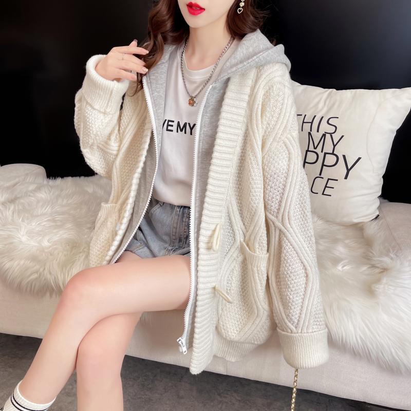 Hooded Sweater Jacket for Women, Autumn and Winter New Style, Loose and Lazy Style, Mid-Length, Thick Knitted Cardigan