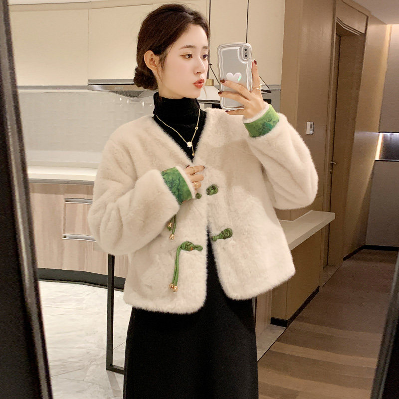 Short hair wool jacket female small child 2023 autumn winter new disc buckle new Chinese light national wind fur integrated blouse-Taobao