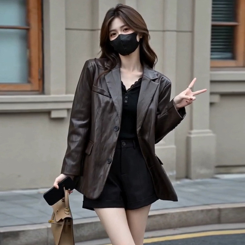Coffee-Colored Leather Blazer for Women, Early Autumn, High-End Style, Loose Oversize, Super Stylish Pu Leather Motorcycle Jacket