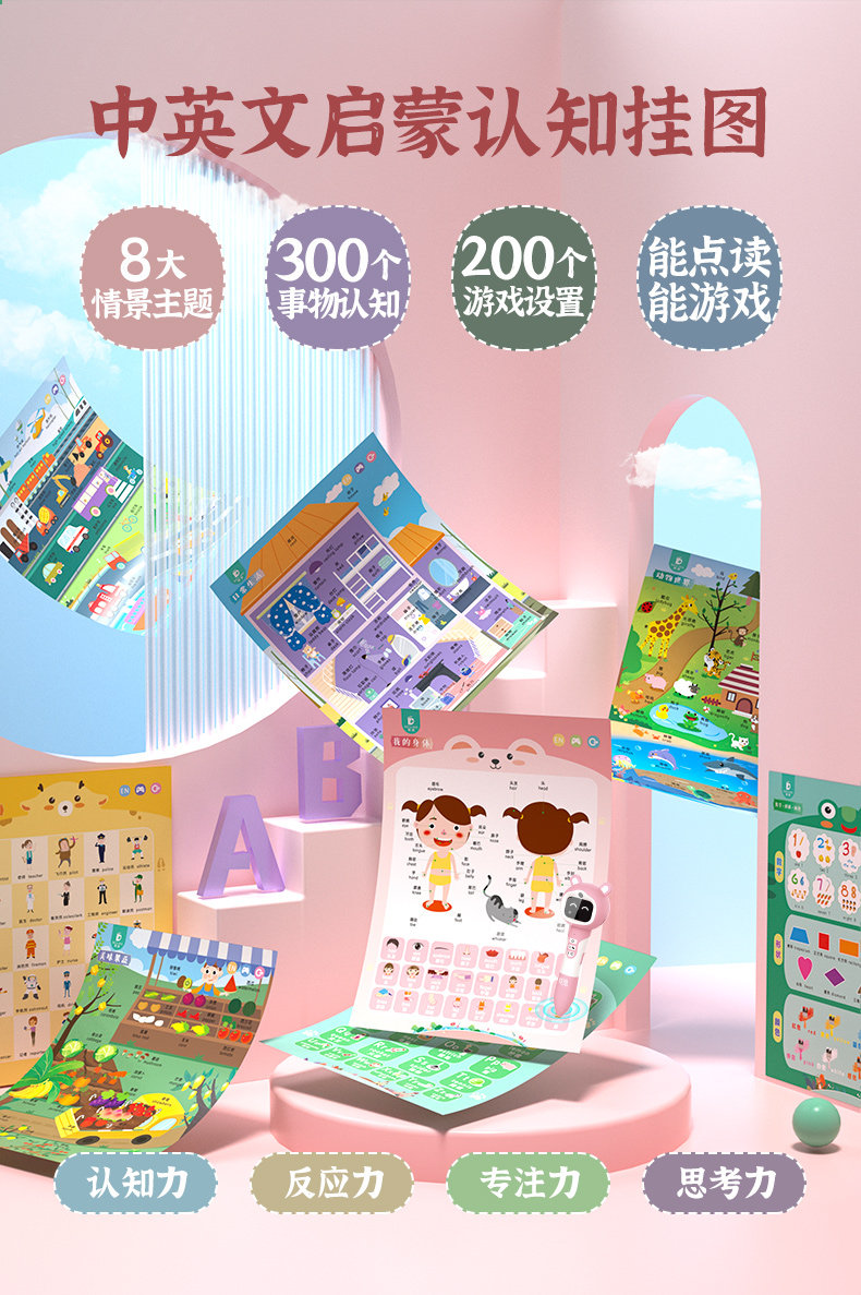 Развивающие постеры/книги для детей 贝灵有声挂图启蒙早教识字识图婴儿幼儿认知拼音墙贴儿童益智玩具
