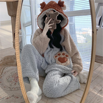 200kg size women's fat sister mm autumn and winter padded coral fleece pajamas hooded can wear home clothing suit