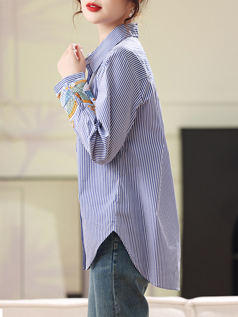 New Chinese-Style National Style Striped Shirt for Women 2024 Spring and Autumn New Fashion Casual Loose Versatile Long-Sleeve Top