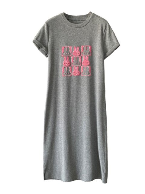 Embroidered Flocked T-Shirt Dress Women's 2024 Summer New Straight Slim Long Over-The-Knee Casual Short-Sleeved Dress