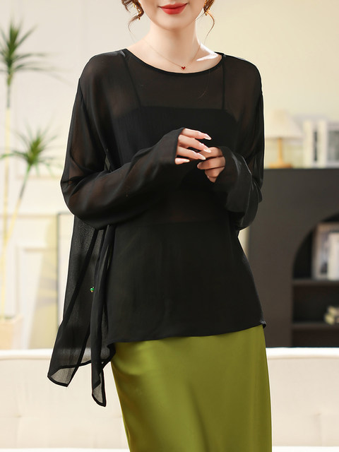 Black High-End Silk Blouse, Sheer Top for Women, 2024 Summer New Style, Lightweight Mulberry Silk Sun Protection Shirt