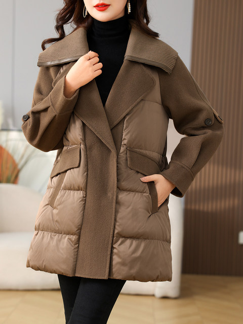 Suit Collar Design, Niche Woolen Fabric Splicing down Jacket for Women, 2023 Winter New Fashion Stylish Coat