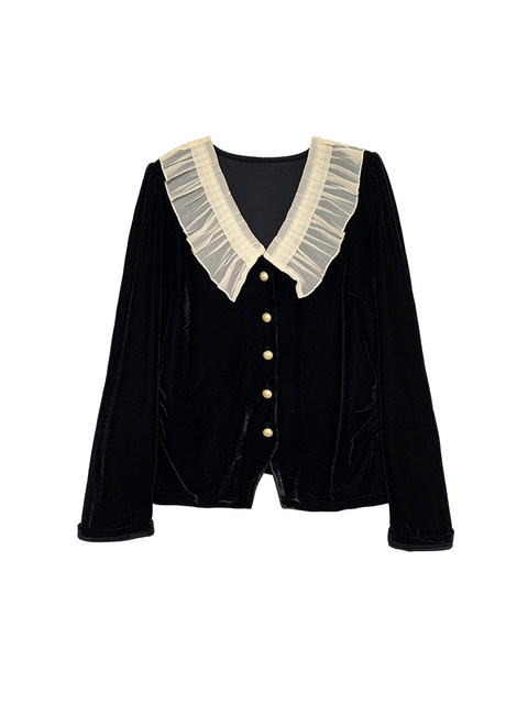French-Style Chanel-Inspired Velvet Long-Sleeve Shirt with Doll Collar for Women, 2024 Spring and Autumn New Fashion Design, Lightweight Top