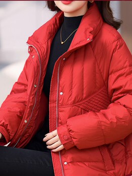 Red Short Korean-Style down Jacket for Petite Women, 2023 Winter New Fashion, 90% White Duck Down, Stand Collar Coat