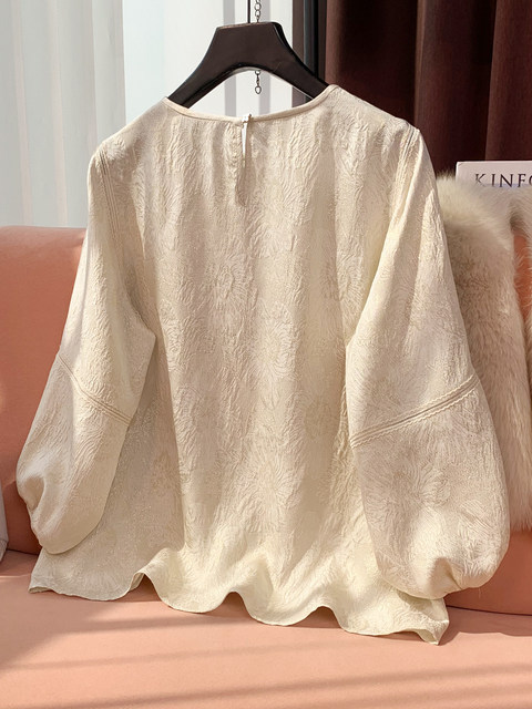 19mm Silk Jacquard Lantern Sleeve Blouse for Women, 2024 Summer New Style, Age-Reducing Loose Fit Mulberry Silk Top
