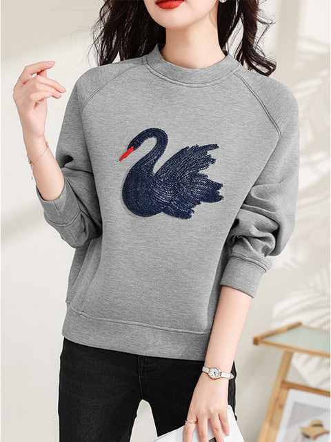 Gray Space Cotton Embroidered Swan Sweatshirt for Women 2024 Spring and Autumn New Style Round Neck Loose Casual Short Stylish Jacket