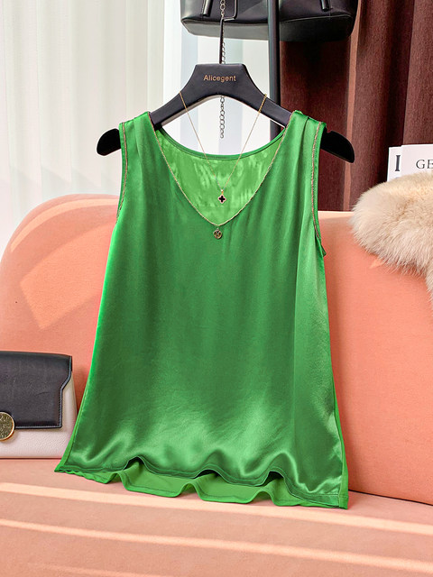 V-Neck Acetate Camisole Tank Top for Women, 2024 Summer New Style, Beaded Inner Wear, Sleeveless, Can Be Worn Outside, Thin Top