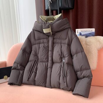 High-End Hooded Short down Jacket for Women, 2024 Winter New Style, Stand Collar, 90% White Duck Down, Casual Puffer Jacket