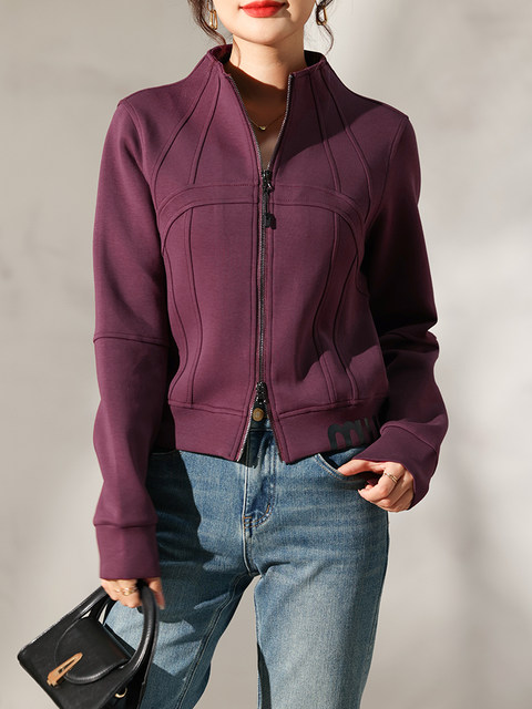 Short Stand-Up Collar Sweatshirt Jacket for Petite Women, 2024 Autumn New European Fashion Casual Slim-Fit Zip-Up Top