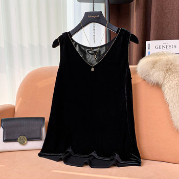 V Neck Sleeveless Camisole Bottoming Vest for Women 2024 Summer New Gold Velvet Splicing Lace Inner Top