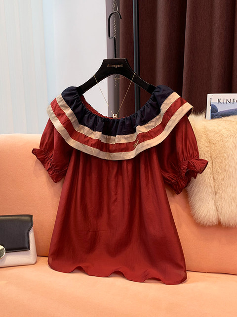 Burgundy Off-The-Shoulder Ruffled Lyocell Tencel Top for Women, 2024 Summer New Style, High-End Popular Shirt