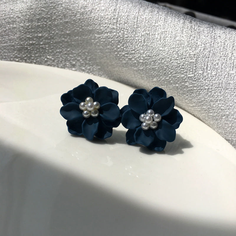 S925銀針大氣藏青色花朵形狀耳針端莊儒雅淑女多層成熟耳飾耳環女