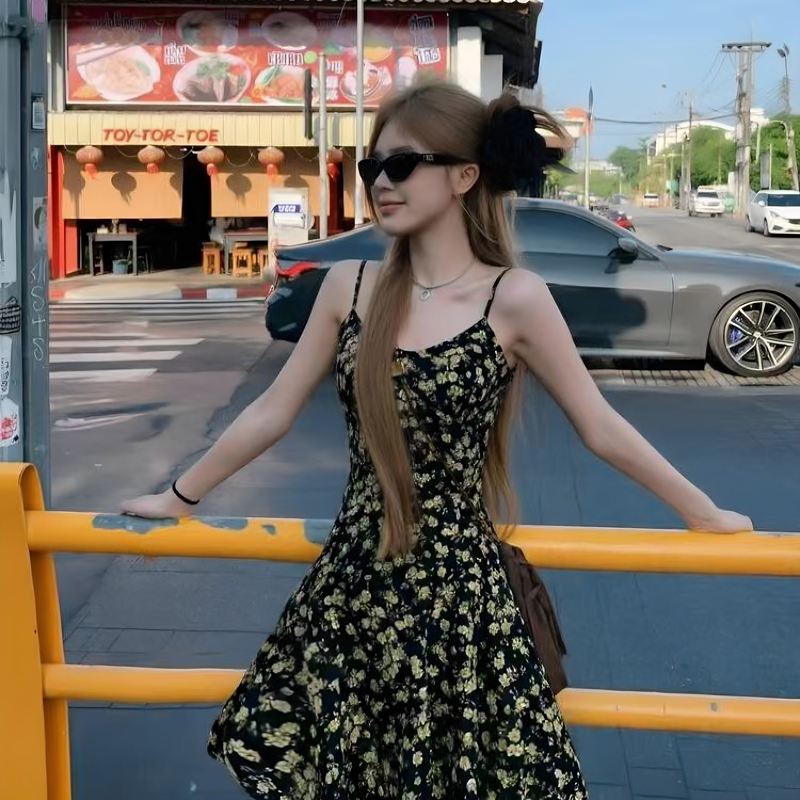 Ab Black Floral Suspender Dress 2026 Summer New Style Waist Slimming Ruffled A-Line Short Skirt