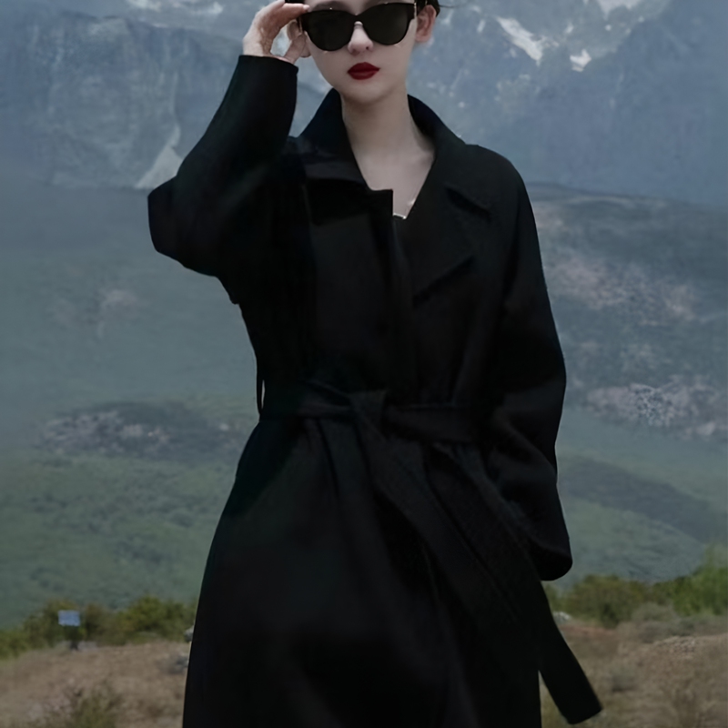 Yang Mi's Same Style Double-Sided Cashmere Coat for Women, Loose-Fitting Korean-Style Tie-Up Bathrobe-Style Woolen Coat with a High-End Feel