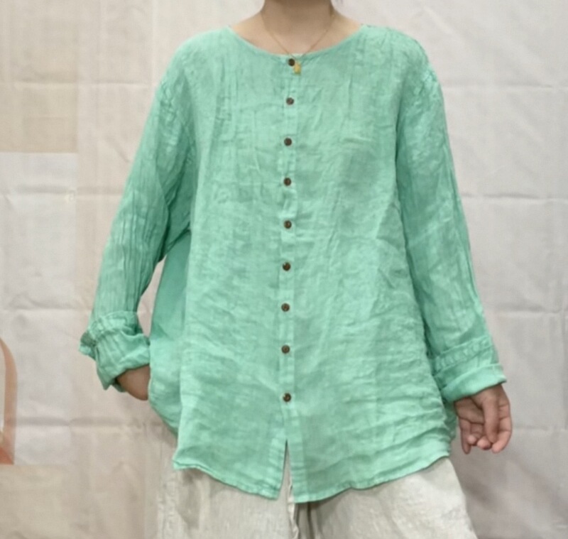 2602 Pure Linen Round Neck Single-Breasted Shirt Long-Sleeve Top for Women, Loose and Versatile, Bust Size 130, Length 72 2602 Pure Linen Round Neck Single-Breasted Shirt Long-Sleeve Top for Women, Loose and Versatile, Bust Size 130, Length 72