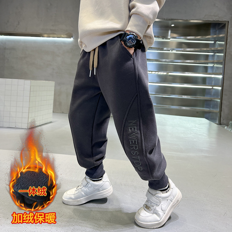 Boy gush pants autumn winter 2023 new winter clothing baby acrobab Fleece Fried Street Children Thickened Athletic Pants-Taobao