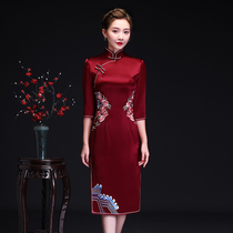 Happy knot high-grade embroidery medium length seven-point sleeve wedding mother cheongsam happy mother-in-law banquet toast autumn
