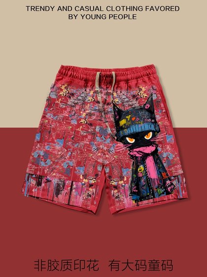 美式涂鸦猫多巴胺短裤男女印花卡通夏季宽松休闲沙滩裤大码五分裤