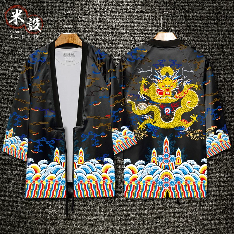 Áo choàng rồng Dao áo choàng nam phong cách Trung Quốc Tang Suit Hanfu Retro Nhật Bản Áo len kim sa Nhật Bản mùa thu và mùa đông dày - Áo khoác đôi