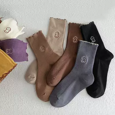 Lace socks women's mid-tube socks ins tide spring and autumn long tube pure cotton solid color Japanese cute Korean autumn and winter stockings women