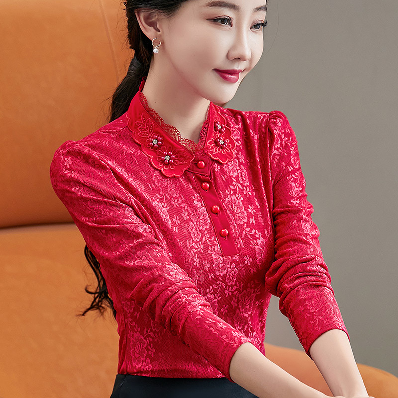 High-Neck Lace Thermal Top, Long-Sleeved, Autumn and Winter Slim Fit, Large Size Mesh Red Fleece-Lined Thickened Base Shirt for Women