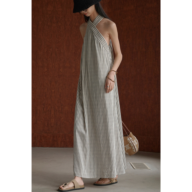 Eamode Linen Striped Fabric Halter Neck Tank Dress Loose Casual Sleeveless Strap Long Dress Vacation Dress Eamode Linen Striped Fabric Halter Neck Tank Dress Loose Casual Sleeveless Strap Long Dress Vacation Dress