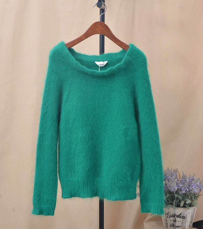 New Autumn and Winter Angora Rabbit Fur Green Sweet and Fresh Pullover Off-The-Shoulder Sweater for Women