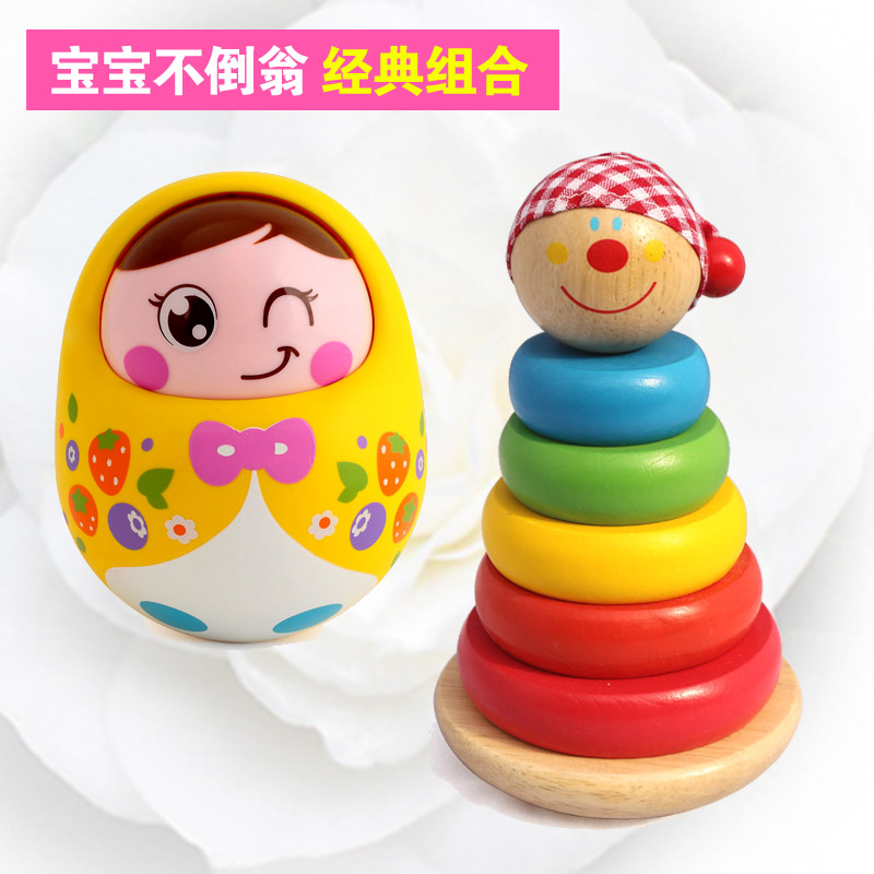 Toddler Cartoon nodding dolls tumblles Tumbles Wooden Rainbow Rings Stacked High Toys Early Teach Musical Frogs Little Prince