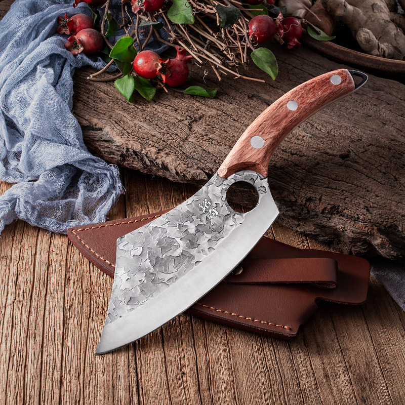 Outdoor small knife carry-on with ring small decapitated knife with cow leather sheath open butchery cut melon and fruit vegetable meat sheet high carbon steel