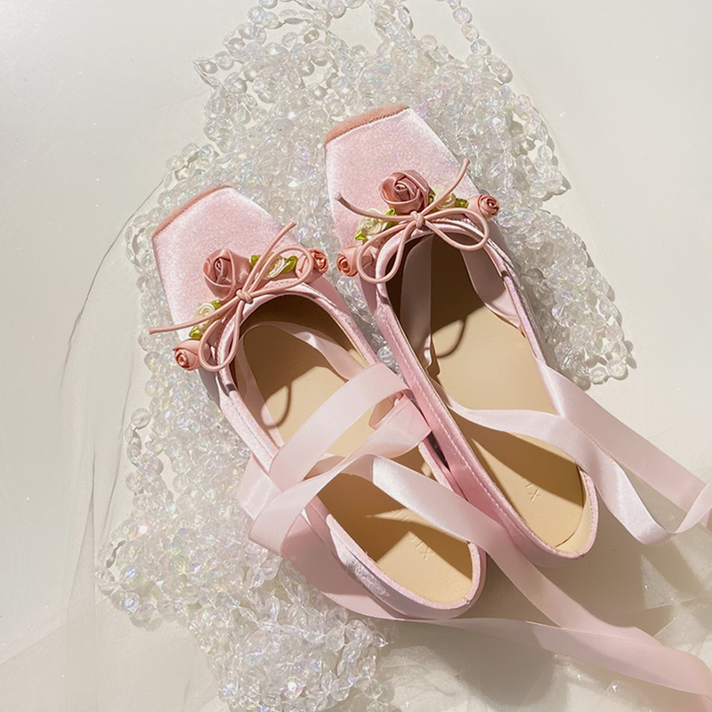French Style New Ballet Shoes for Women, Cross-Strap Single Shoes, Satin Fairy Style, Rose Flower Flat Bottom, Versatile Genuine Leather