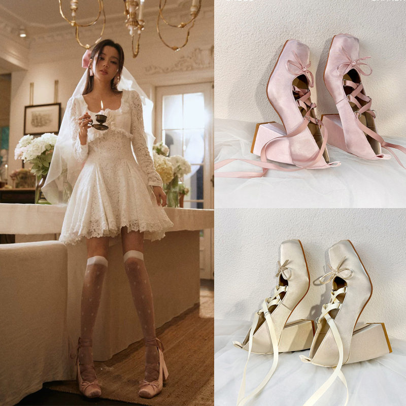 Butterfly Dream Flower Dance Ballet Style High Heels Women's New Genuine Leather Mary Jane Shoes French Retro Romantic Wedding Shoes Pink